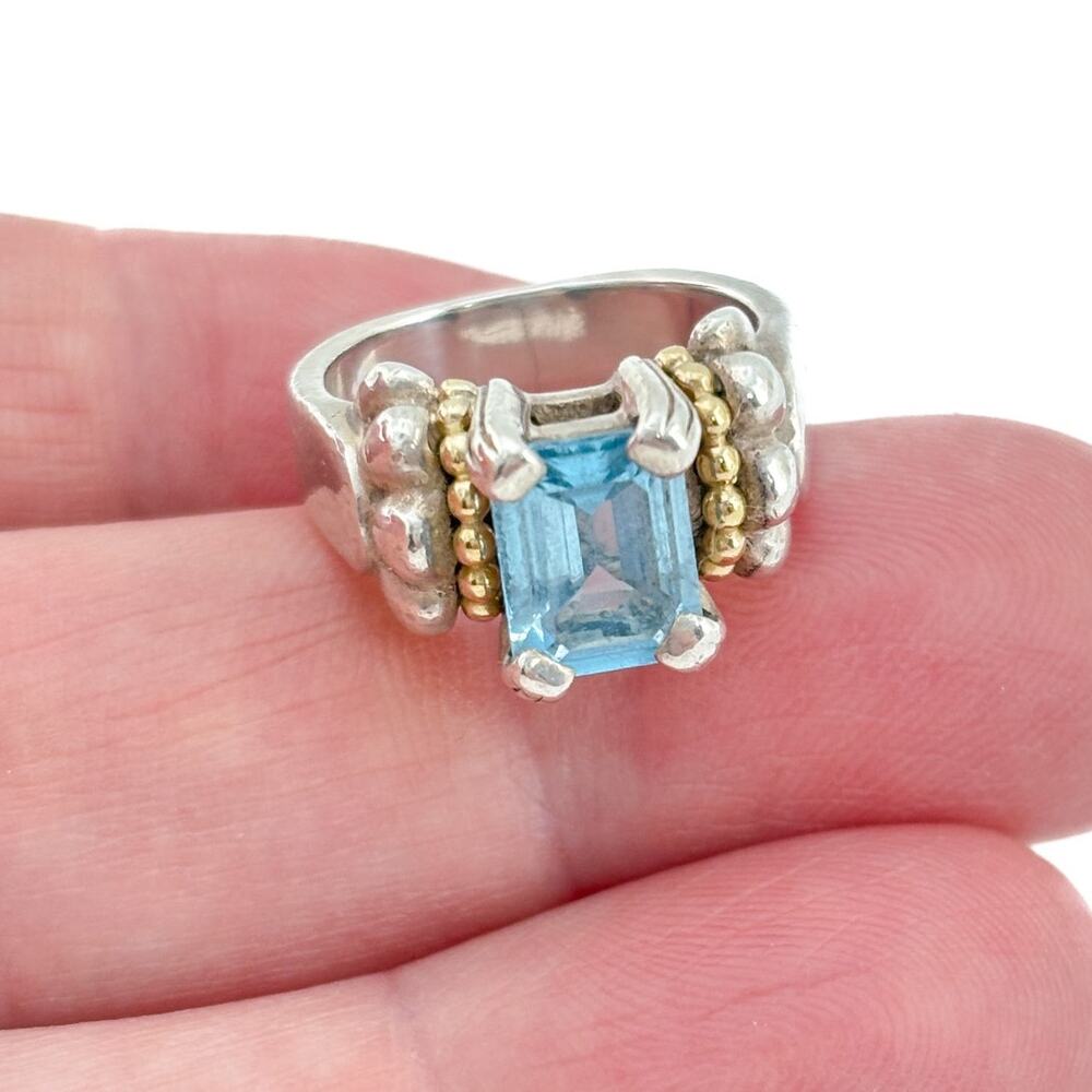 Vintage Lagos Sterling Silver 925 18K Blue Topaz Caviar Ring Size 4.5